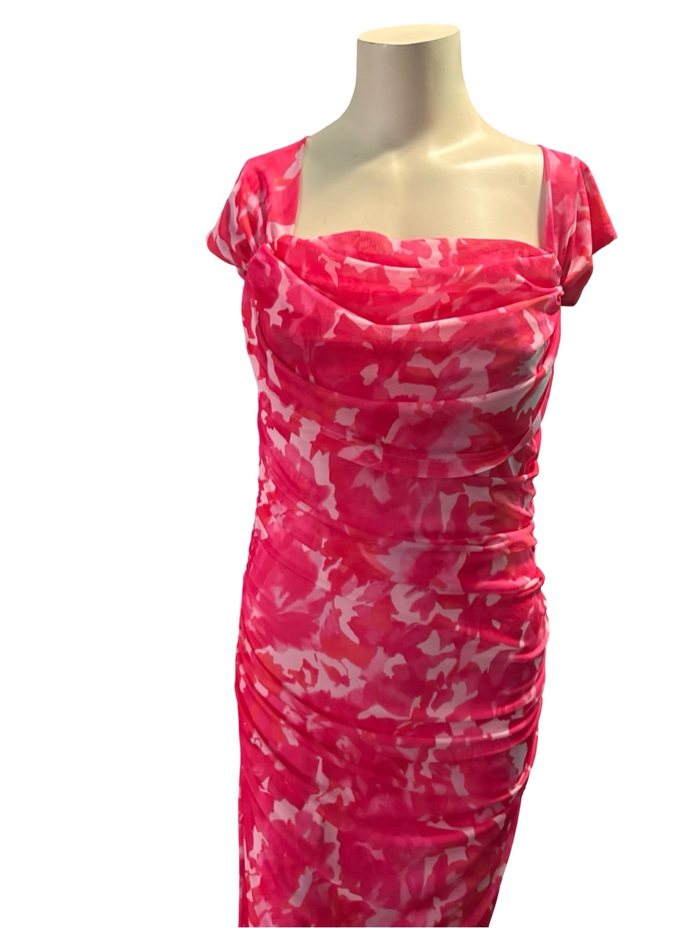 Pink Ruched Midi Dress with Cowl Neck